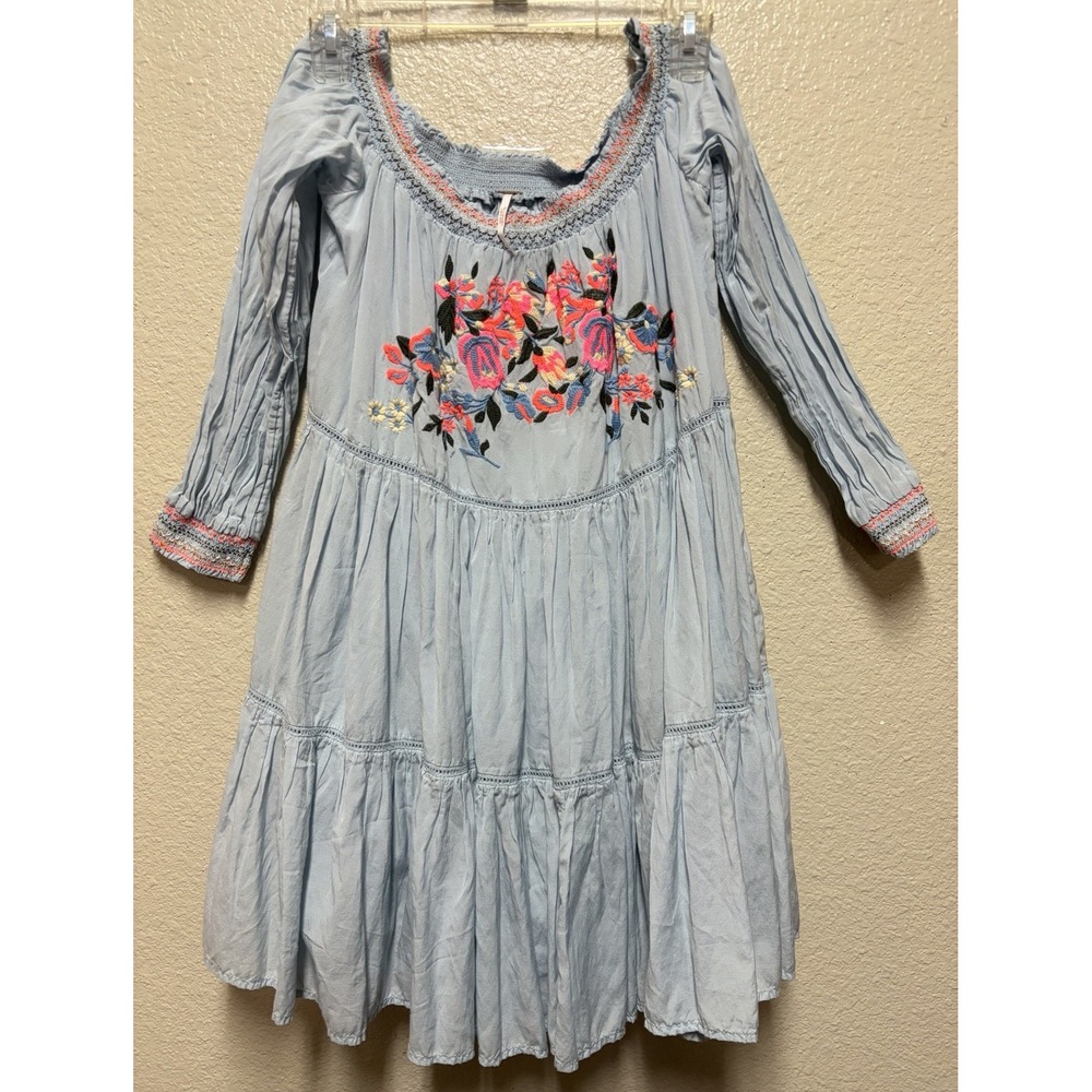 Free People Blue Woven Floral Embroidered Smocked Off Shoulder Mini Dress S
